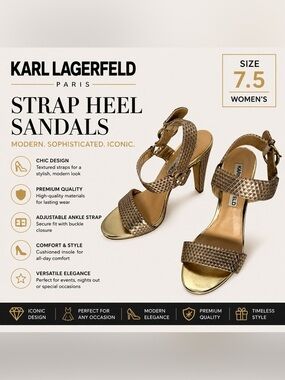 Karl Lagerfeld Paris Metallic Gold Textured Heeled Sandals | Women’s Size 7.5